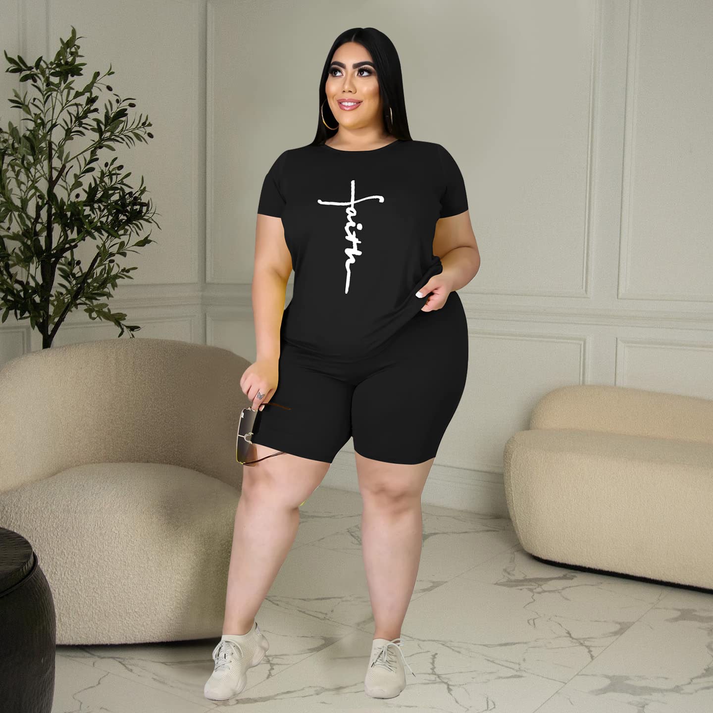Plus Size Women's Summer Sweatsuits 2-Piece Outfit - Casual Printed Shorts & Jogger Tracksuit Set in Black (Sizes 5-5XL) | Lounge Wear, Gym Outfits & Street Style Fashion