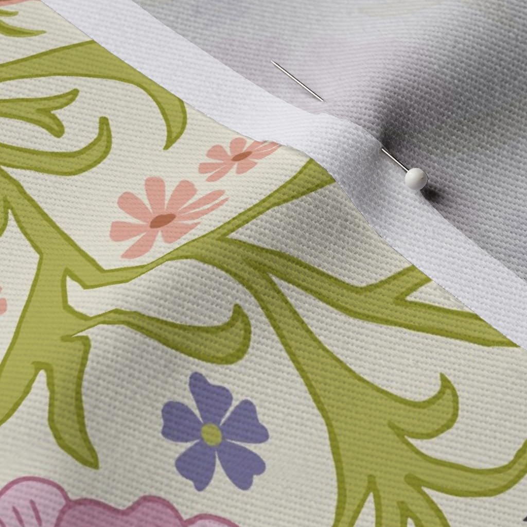 Ornate Floral Pink Flowers Spring Hand Drawn Lavender Easter William Printed Denim Fabric by The Yard - Bottomweight Apparel, Home Decor & Upholstery Material - Perfect for DIY Dresses, Curtains & Throw Pillows