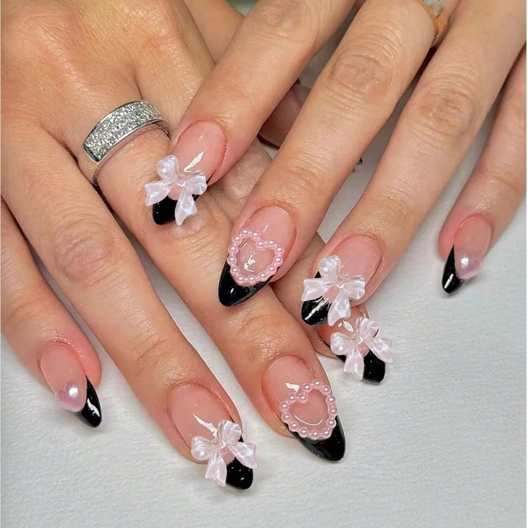 24Pcs Glitter Gradient Love Fake Nails - Short Almond French Design Press on Nails for Valentine's Day, Party, Wedding, Prom | Pink False Nails for Sweet Girls & Women | Easy to Apply, Reusable Artificial Nails