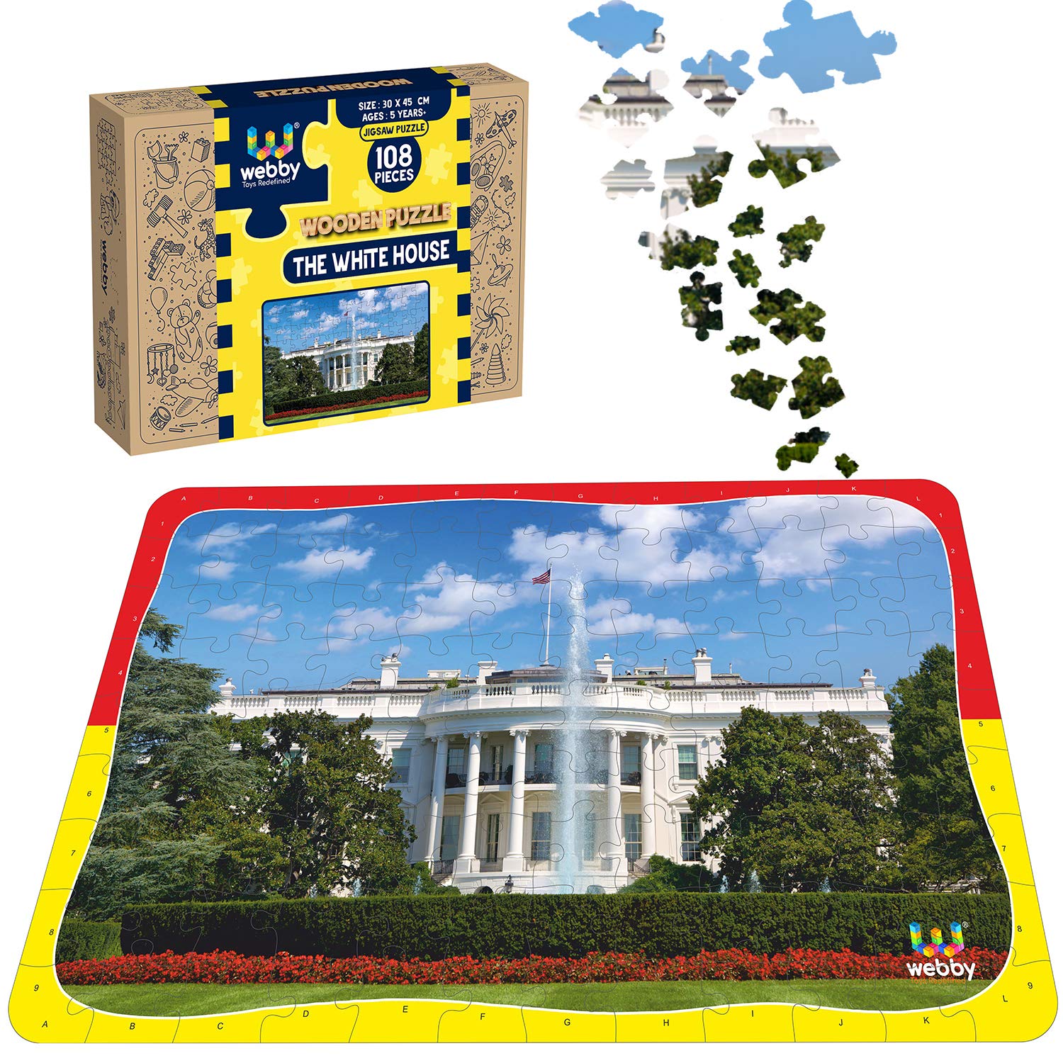 Webby Kids The White House Wooden Jigsaw Puzzle - 108 Piece Educational Toy for Kids, Colorful US Landmark Puzzle for Family Game Night & Classroom Learning Activities