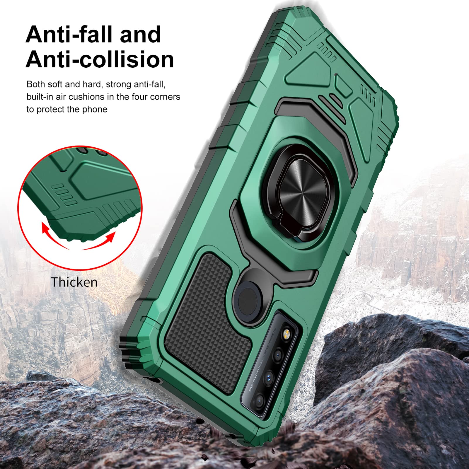 Ailiber Rugged Case for TCL 30 XE 5G & TCL 20R 5G - Military Grade Shockproof Protective Cover with Built-in Ring Kickstand & Screen Protector, Compatible with Magnetic Car Mount (Green) - Perfect for Outdoor Adventures, Work & Daily Use