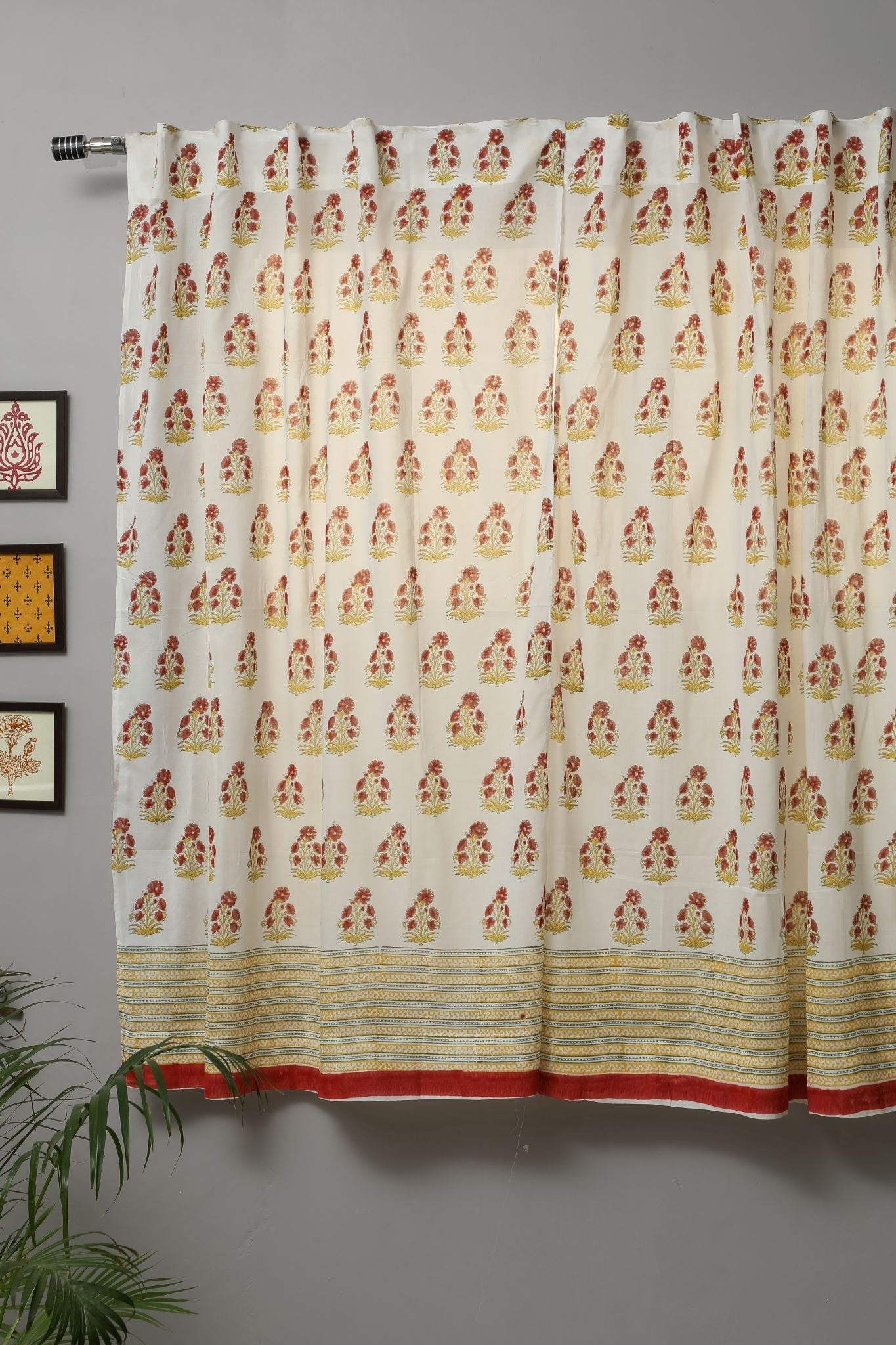 Red Daisy Handblock Printed Cotton Window Curtains - Traditional Indian Floral Design for Living Room & Bedroom Decor - Light Filtering & Privacy Window Treatment