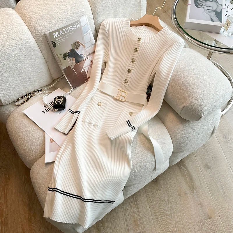 Women's Autumn Winter Knitted Sweater Dress - O Neck Button Down Bodycon with Belt | Fashion Brand Office Wear for Ladies | Perfect for Work, Parties & Holiday Outfits