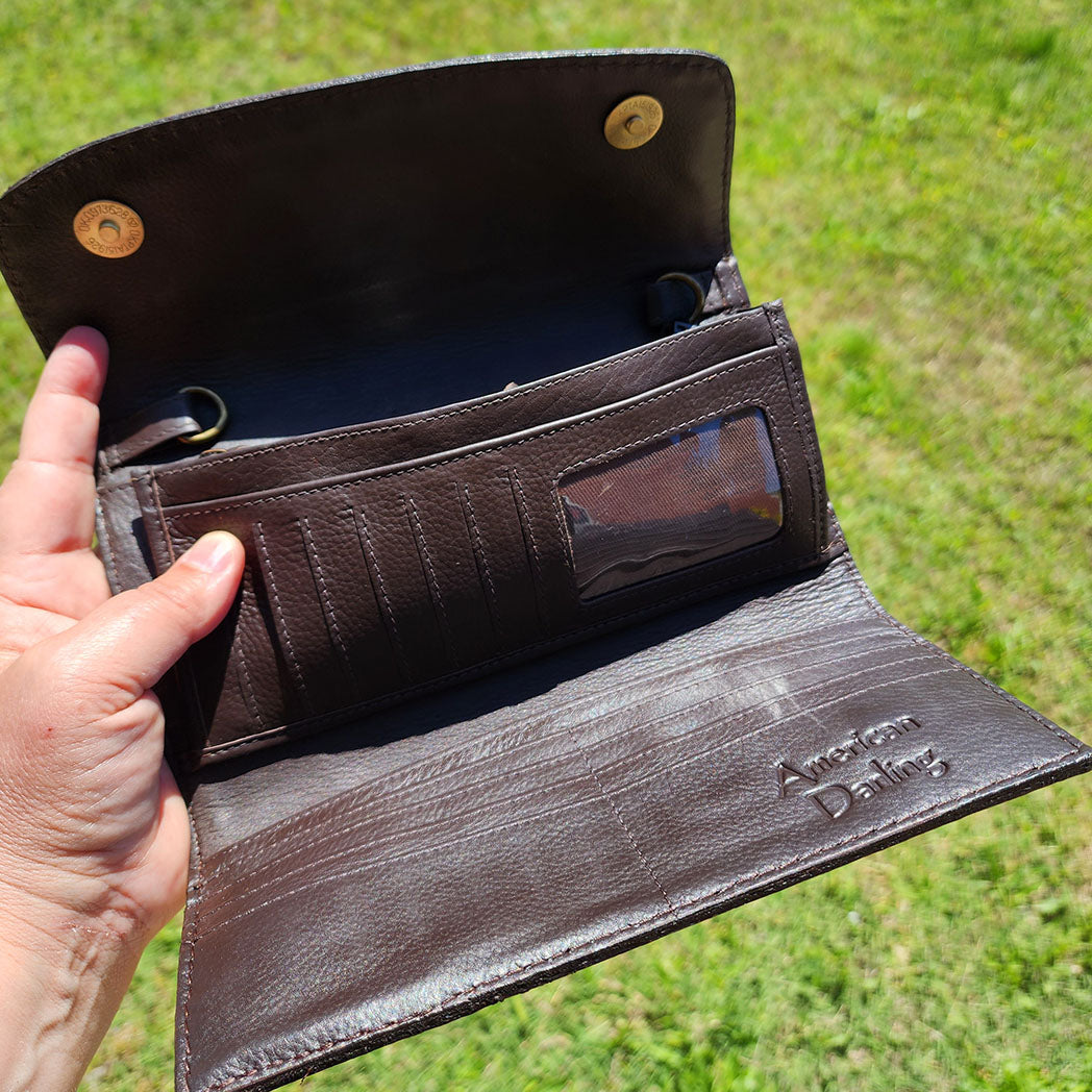 American Darling Sunflower Tooled Leather Clutch Wallet for Women - Stylish Crossbody Purse with Card Slots - Perfect for Parties, Date Nights & Everyday Use