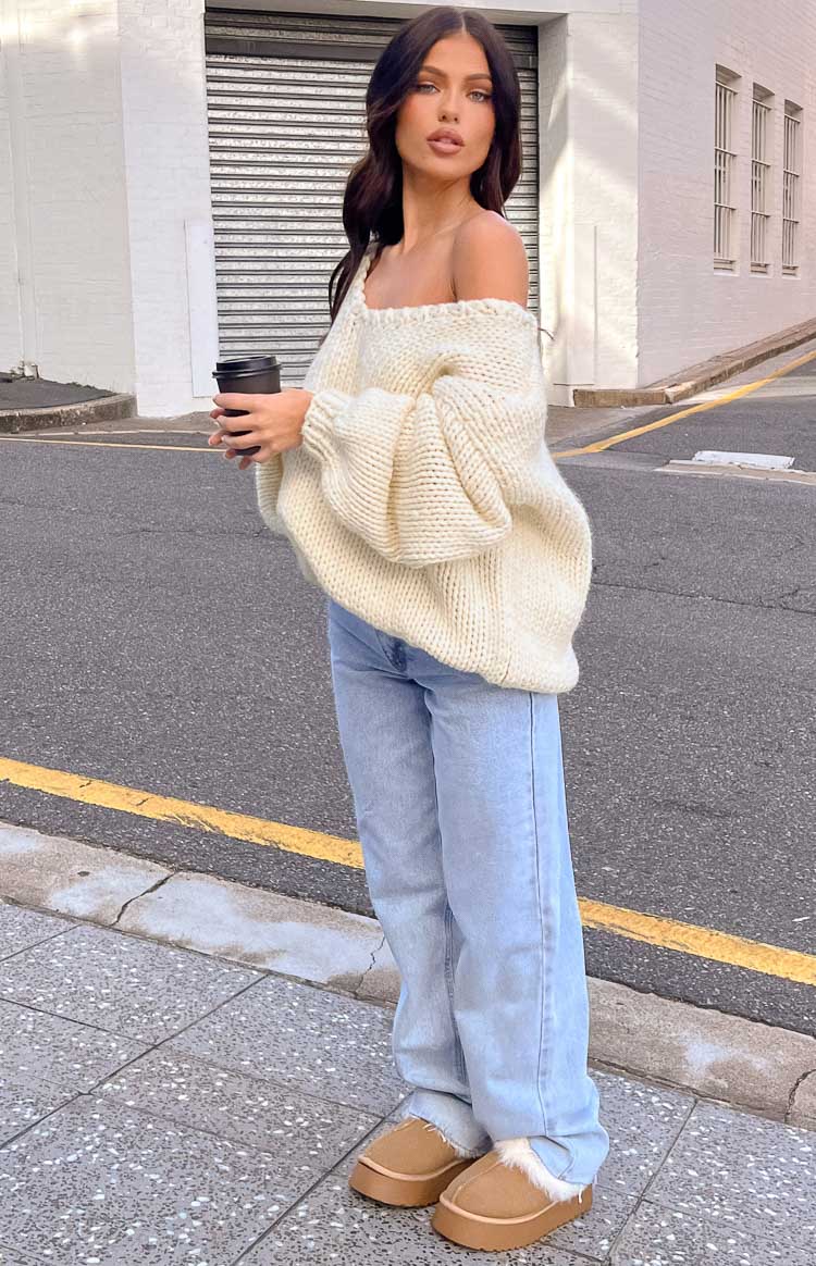 Delvey Cream Chunky Knit Sweater for Women - Soft Oversized Cable Knit Pullover - Cozy Winter Sweater for Casual Outfits & Cold Weather