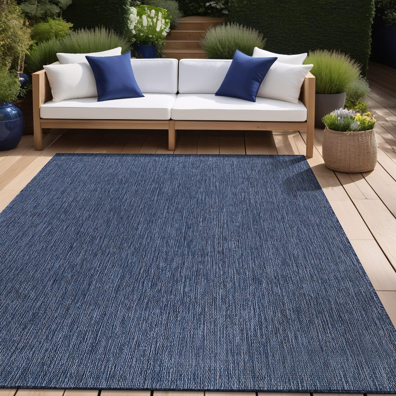 Beverly Indoor Outdoor Rug 6x9 - Washable Water Resistant Modern Area Rug for Patio, Deck, Porch - Solid Azure Blue | Perfect for Backyard, Poolside & Sunroom Decor