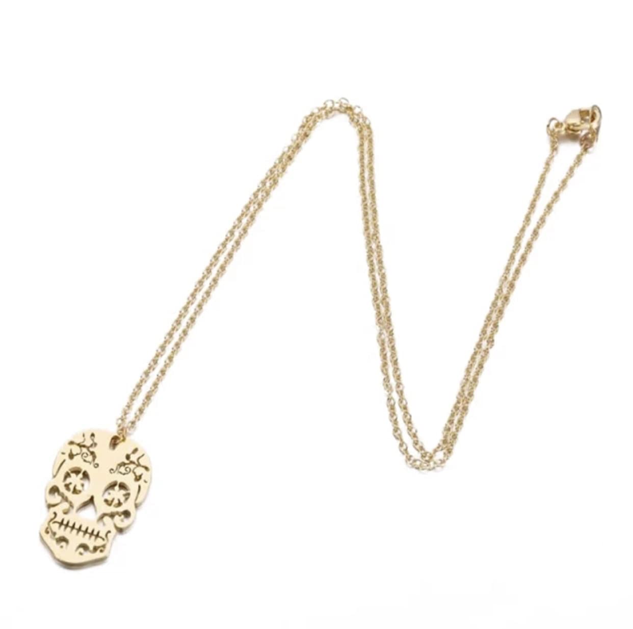 8K/14K Solid Gold Sugar Skull Necklace - Elegant Silver Sugar Skull Pendant for Men & Women - Unique Birthday, Christmas & Halloween Jewelry Gift - Perfect for Parties, Costume Events & Everyday Wear