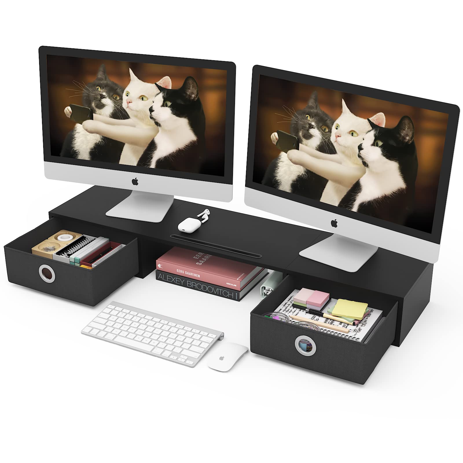 WESTREE Dual Monitor Stand Riser with 2 Drawers - Extra Wide Computer Monitor Stand for 2 Screens, Laptop, Printer & TV - Office Desk Organizer with Large Storage Space - Perfect for Home Office, Gaming Setup & Workspace Organization