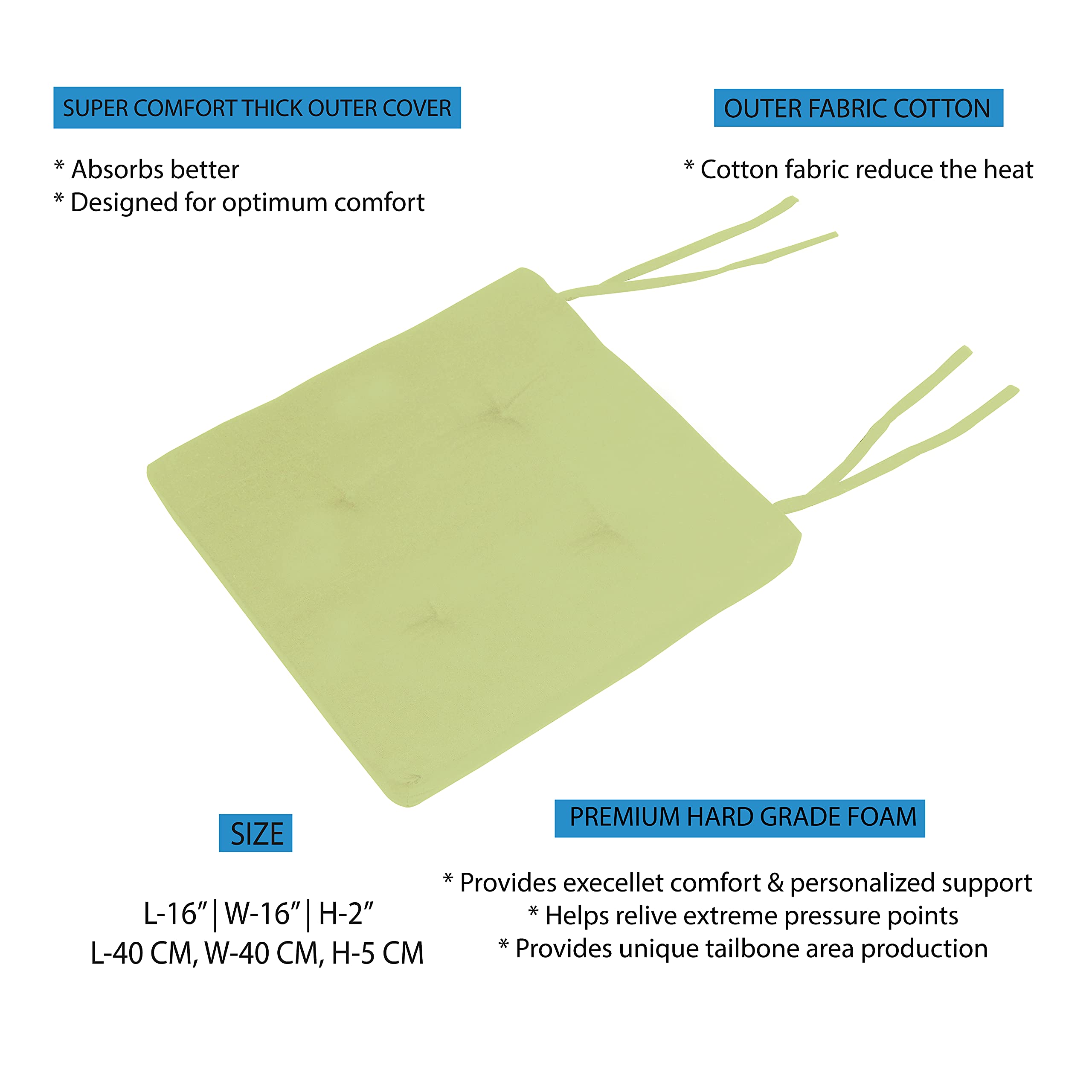 Square Chair Cushion Set of 2 - 40x40+5cm Thick Poly Fiber Filled Cotton Seat Pad - for Dining Chairs, Office Chairs, Car Seats & Stools - Lemon Green - Home & Office Comfort Upgrade