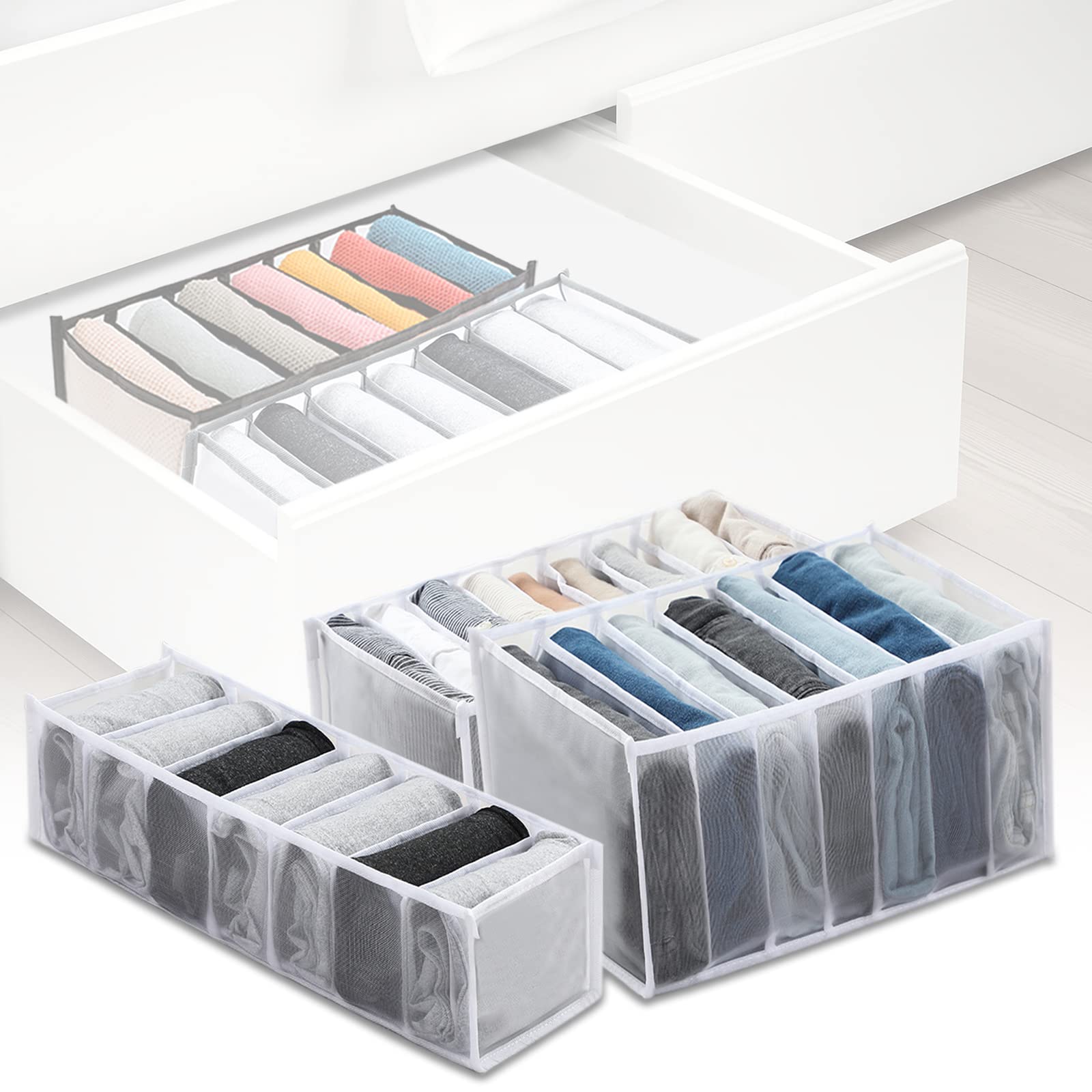 Evankin 3-Piece Wardrobe Closet Organizer Set - Nylon Mesh Drawer & Closet Storage Bins for Jeans, Leggings, Shirts - 3 Sizes (White) | Space-Saving Clothing Organizer for Bedroom, Dorm & Travel