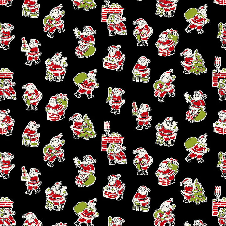 Buttermilk Basin Vintage Santa & Chimney Black Fabric by the Yard - Christmas Quilting & Crafting Material for Holiday Decorations and DIY Projects