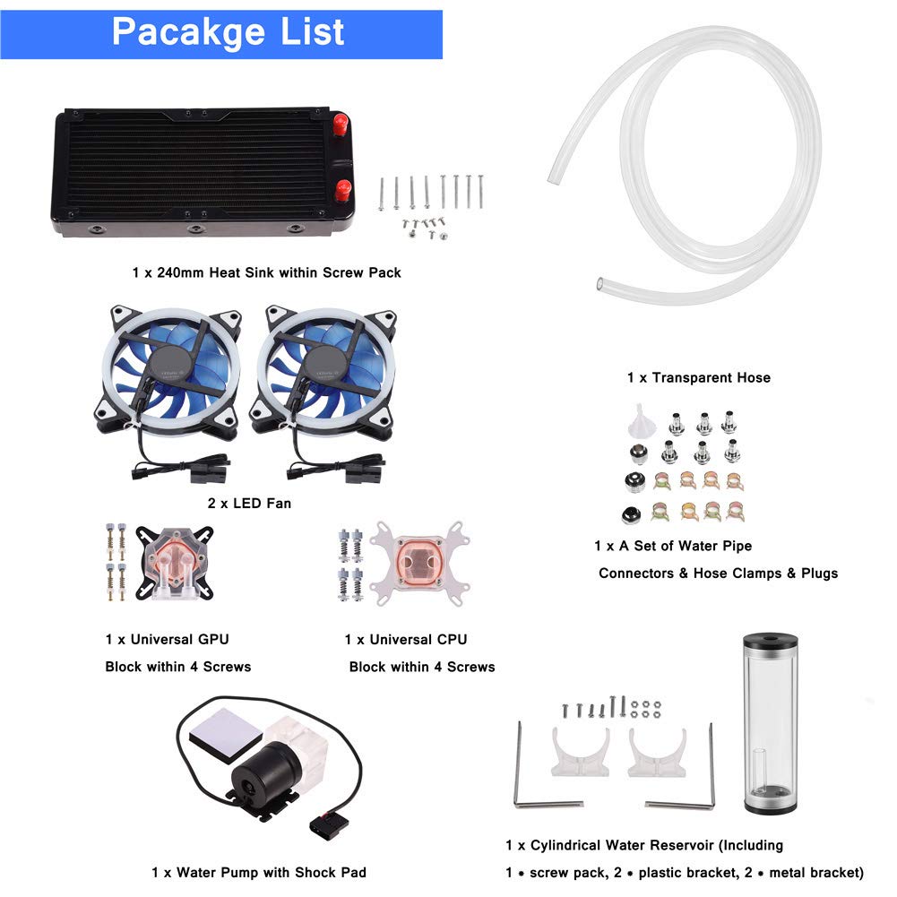 Premium DIY Water Cooling Kit - CPU/GPU Block, Cylindrical Reservoir, High-Performance Pump, RGB LED Fan & 240mm Radiator | Perfect for Gaming PC Builds & High-End Computer Cooling Systems