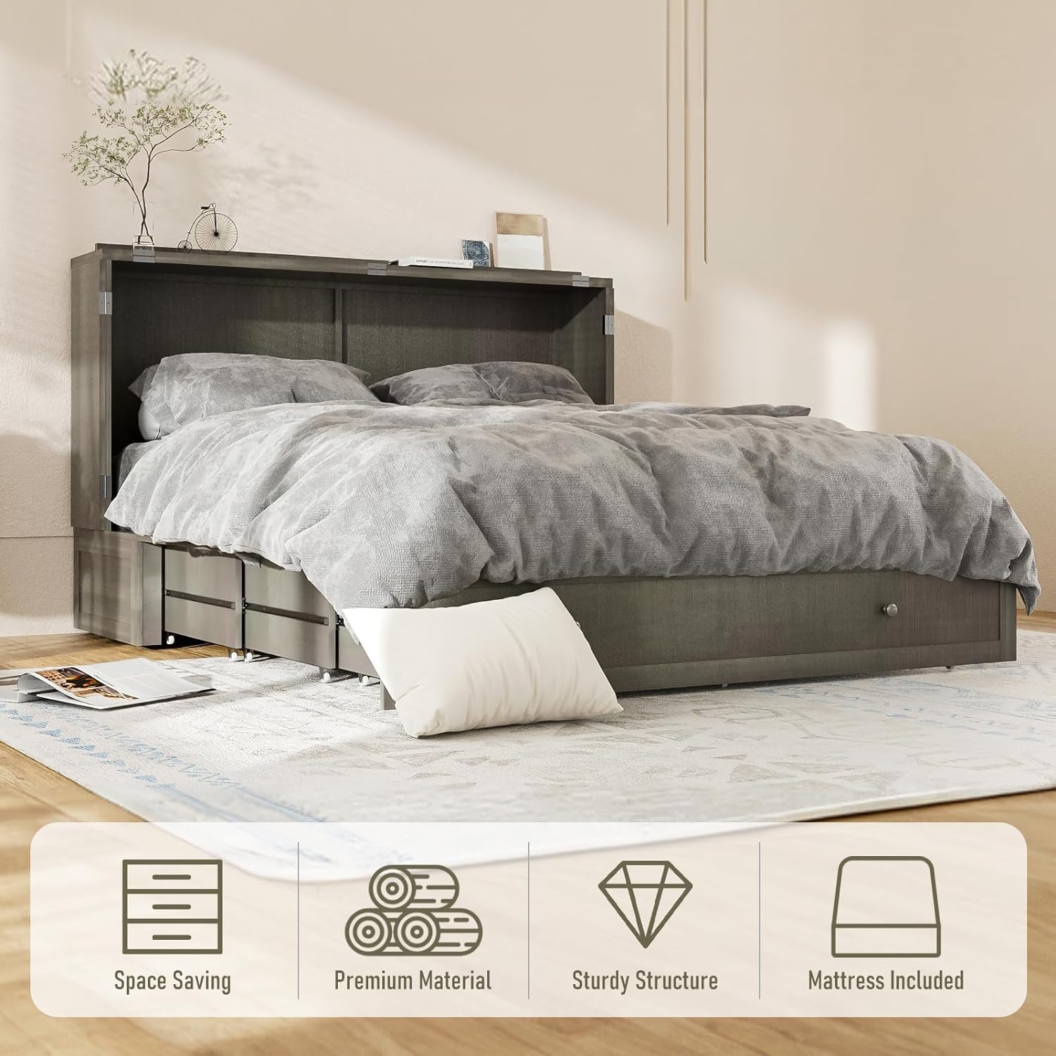 Queen Size Murphy Bed with Tri-Folding Mattress - Solid Pine Wood Wall Bed with Storage Drawer & USB Charging Port | Space-Saving Cabinet Bed for Small Apartments, Guest Rooms & Studio Living Spaces (Grey)