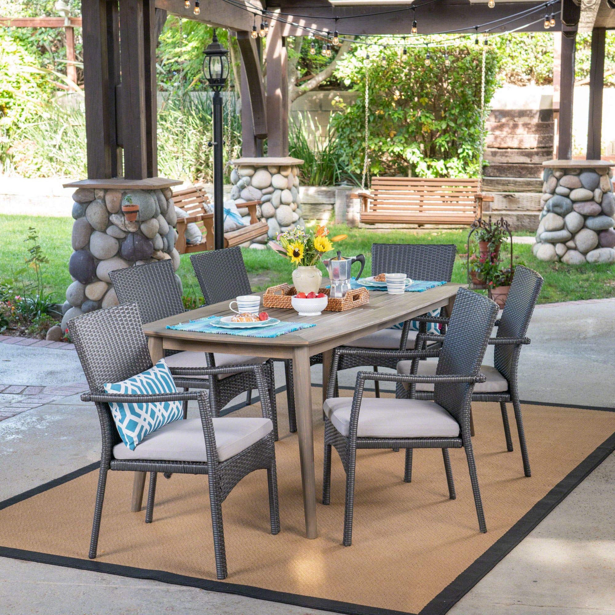 7-Piece Brown & Gray Wood Wicker Outdoor Patio Dining Set with Silver Cushions - Modern Contemporary Furniture for Backyard, Garden, Poolside & Terrace Dining