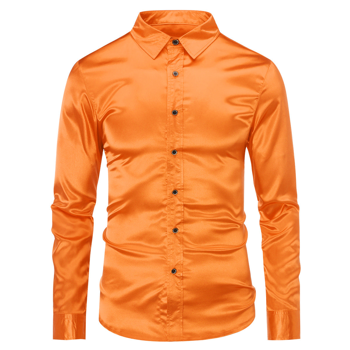 Stylish Men's Shiny Long Sleeve Lapel Casual Shirt in Vibrant Orange - Perfect for Office Wear, Date Nights & Special Occasions