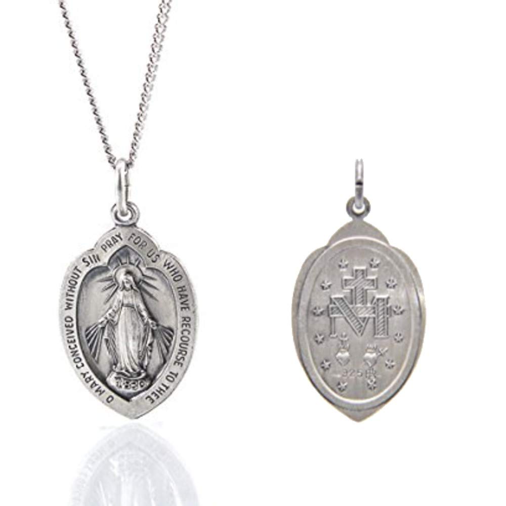 925 Sterling Silver Miraculous Virgin Mary Pendant Necklace - Double Sided Shield Medal with Polished Antiqued Finish - Religious Jewelry Gift for Women & Men - Perfect for Baptism, First Communion & Spiritual Protection