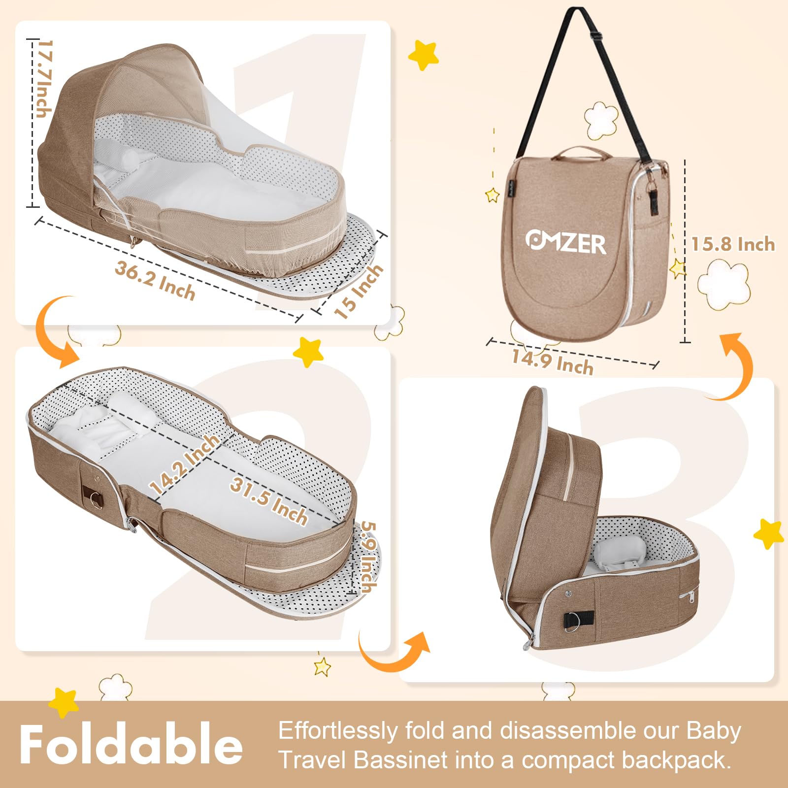 Portable Baby Travel Bassinet with Mosquito Net & Canopy – Foldable Lightweight Co-Sleeping Bed for Infants, Anti-Pressure Design – Ideal for Airplane, Camping & Family Trips (Beige)