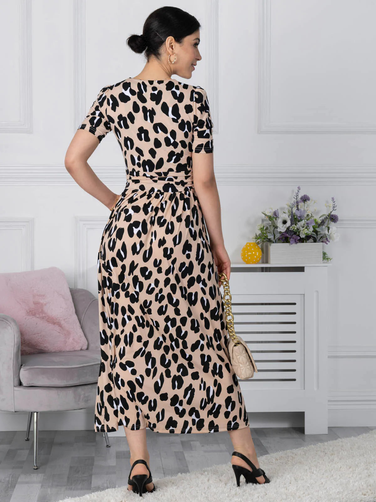 Kiera Wrap Front Maxi Dress in Camel Animal Print - Flowy Boho Summer Dress for Beach Vacation, Date Night & Casual Outings