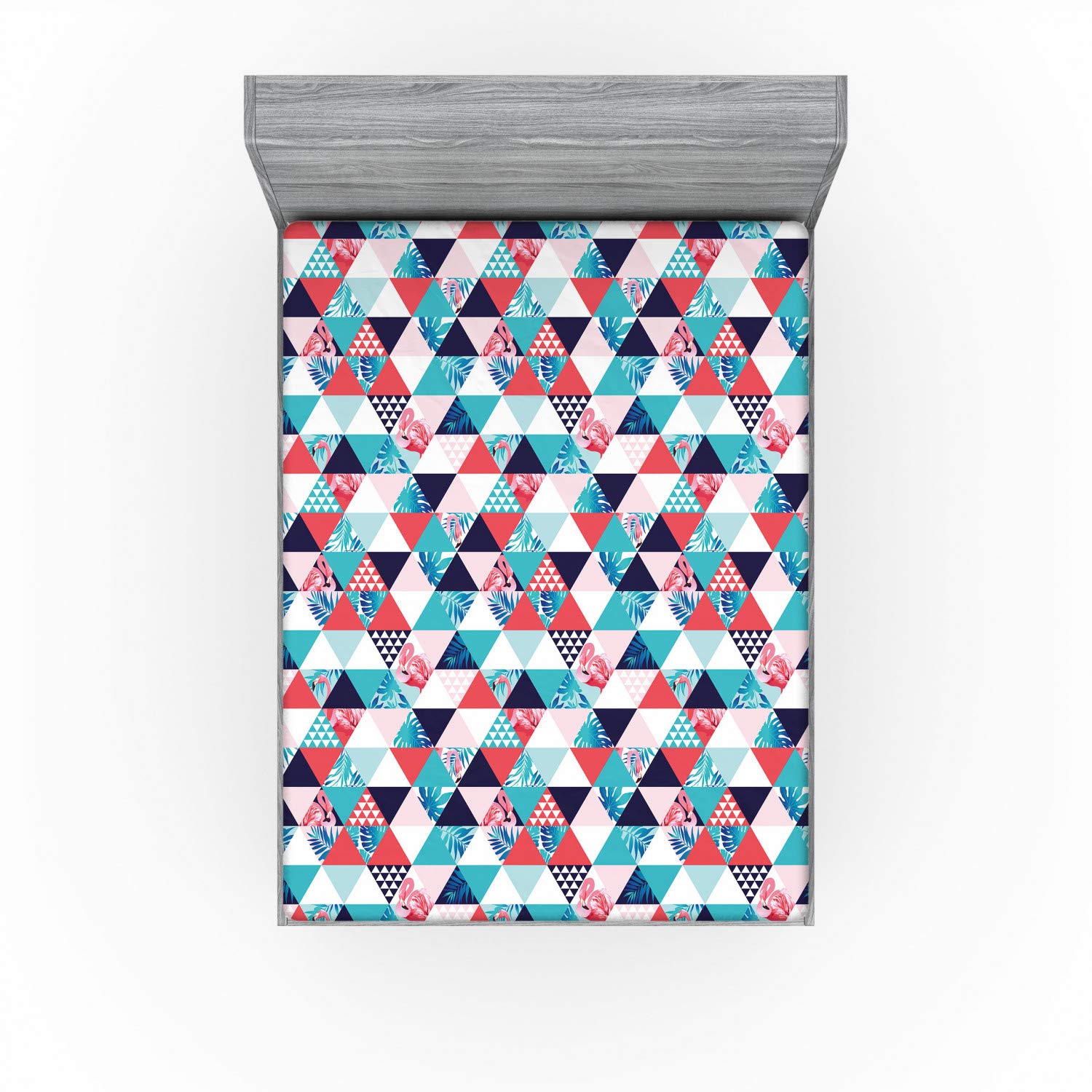 Ambesonne Flamingo Fitted Sheet - Geometric Triangle Beach Design with All-Around Elastic Deep Pocket - Queen Size Multicolor Bedding for Tropical & Coastal Themed Bedrooms