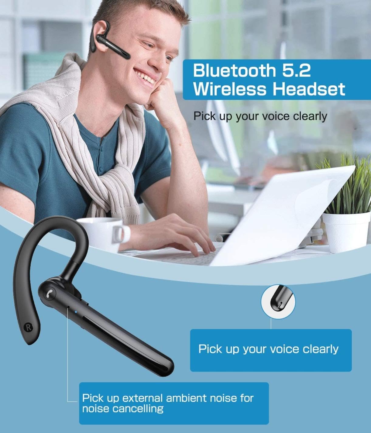 Wireless Bluetooth Ear-Hook Headphones with Boom Mic for Samsung Galaxy S24/S23/S21/S20 FE - Hands-Free Single Ear Headset for Running, Cycling, Gym Workouts & Office Calls