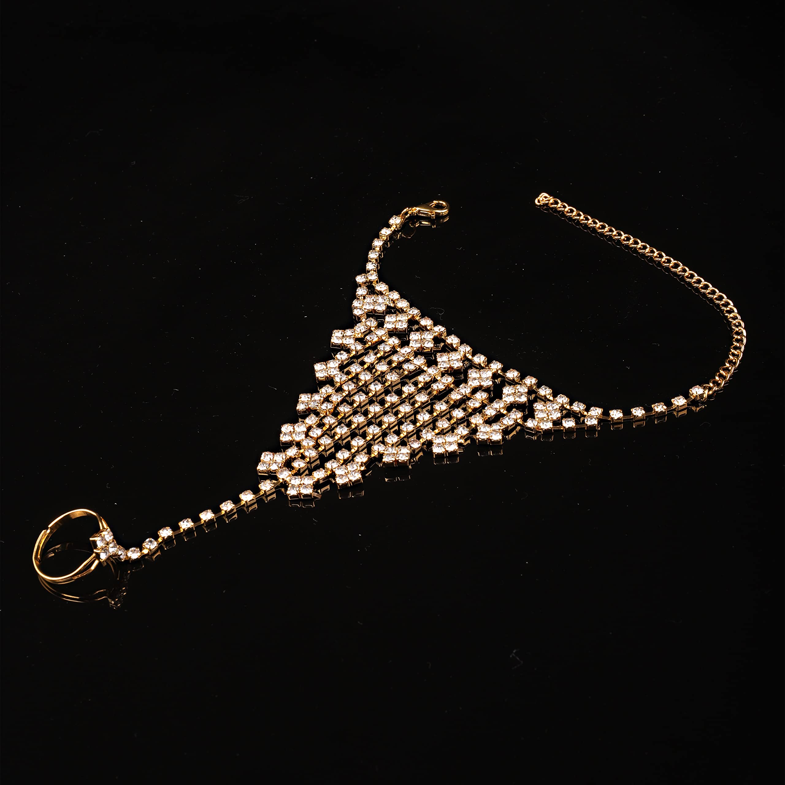 Elegant Sparkly Rhinestone Bridal Slave Chain Link Bracelet - Silver & Gold Crystal Wedding Hand Harness Bangle with Adjustable Finger Rings - Women's Jewelry Accessories for Bridal Party, Prom, Evening Gala & Special Occasions (Style 6)