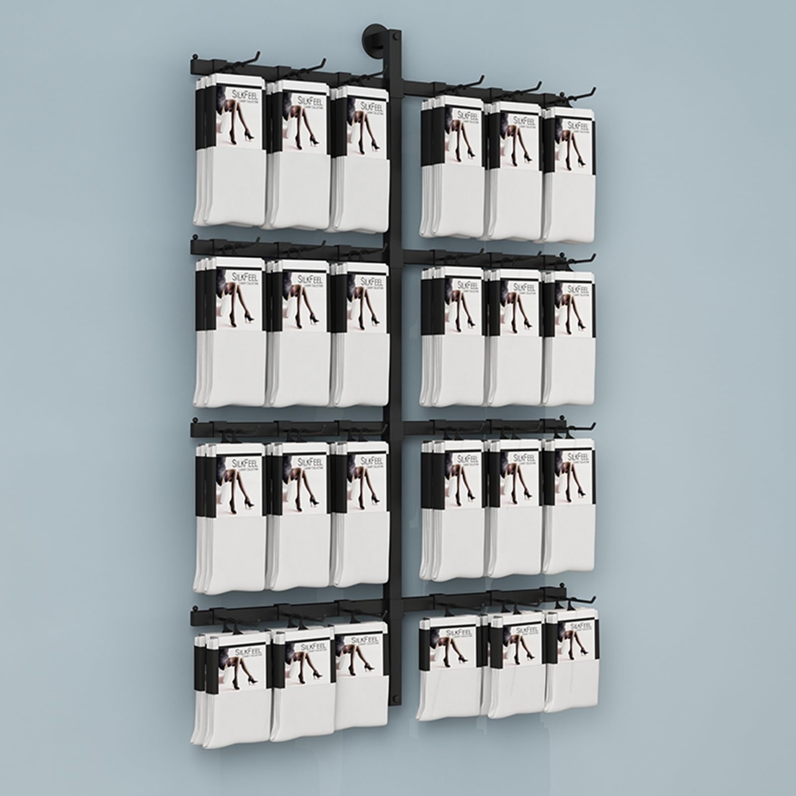 Wall-Mounted Retail Display Rack for Socks, Slippers, Underwear & Phone Accessories - Commercial Clothing Store Shelving Unit with Hanging Storage - Black Boutique Wall Shelf for Organizing Retail Merchandise & Small Items
