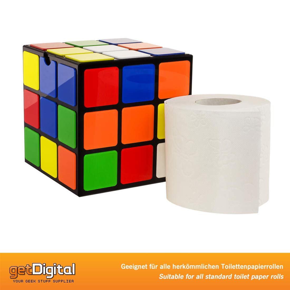 GetDigital Magic Cube Toilet Paper Holder - No Drill Wall Mount Tissue Roll Dispenser with Lid & Phone Storage Shelf | Bathroom Organizer for Home, Office, RV