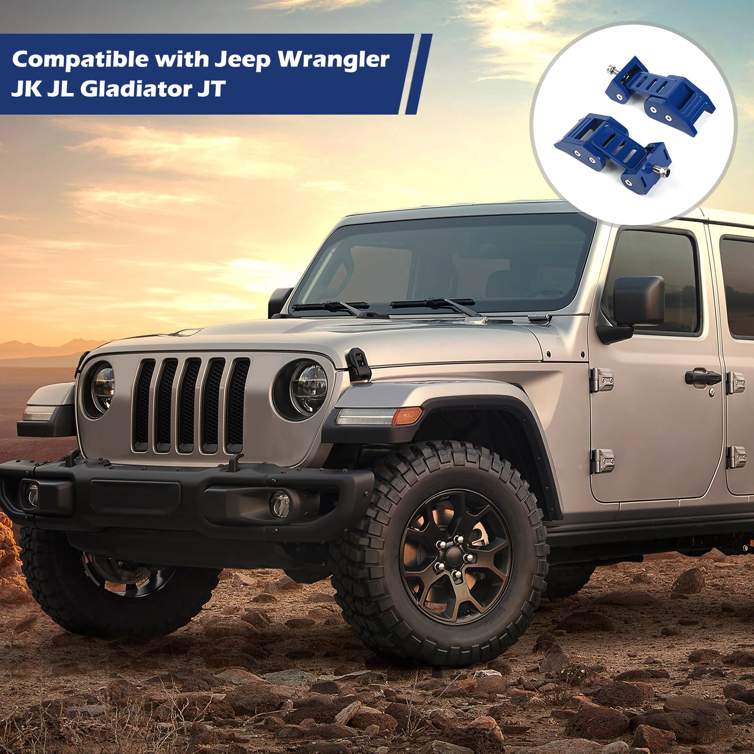 RT-TCZ Hood Latches Catch Kit for Jeep Wrangler JK JL & Gladiator JT (2018-2024) - Blue Off-Road Accessories - 2pc 3-Stripes Design - Durable Exterior Upgrade for Trail & Daily Driving