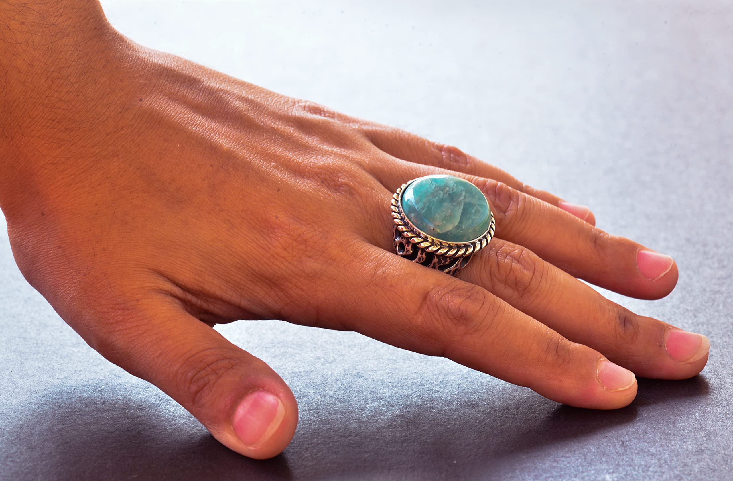 Natural Amazonite Round Gemstone Ring for Men - Sterling Silver Adjustable Band - Healing Crystal Jewelry for Meditation, Yoga & Spiritual Gifts