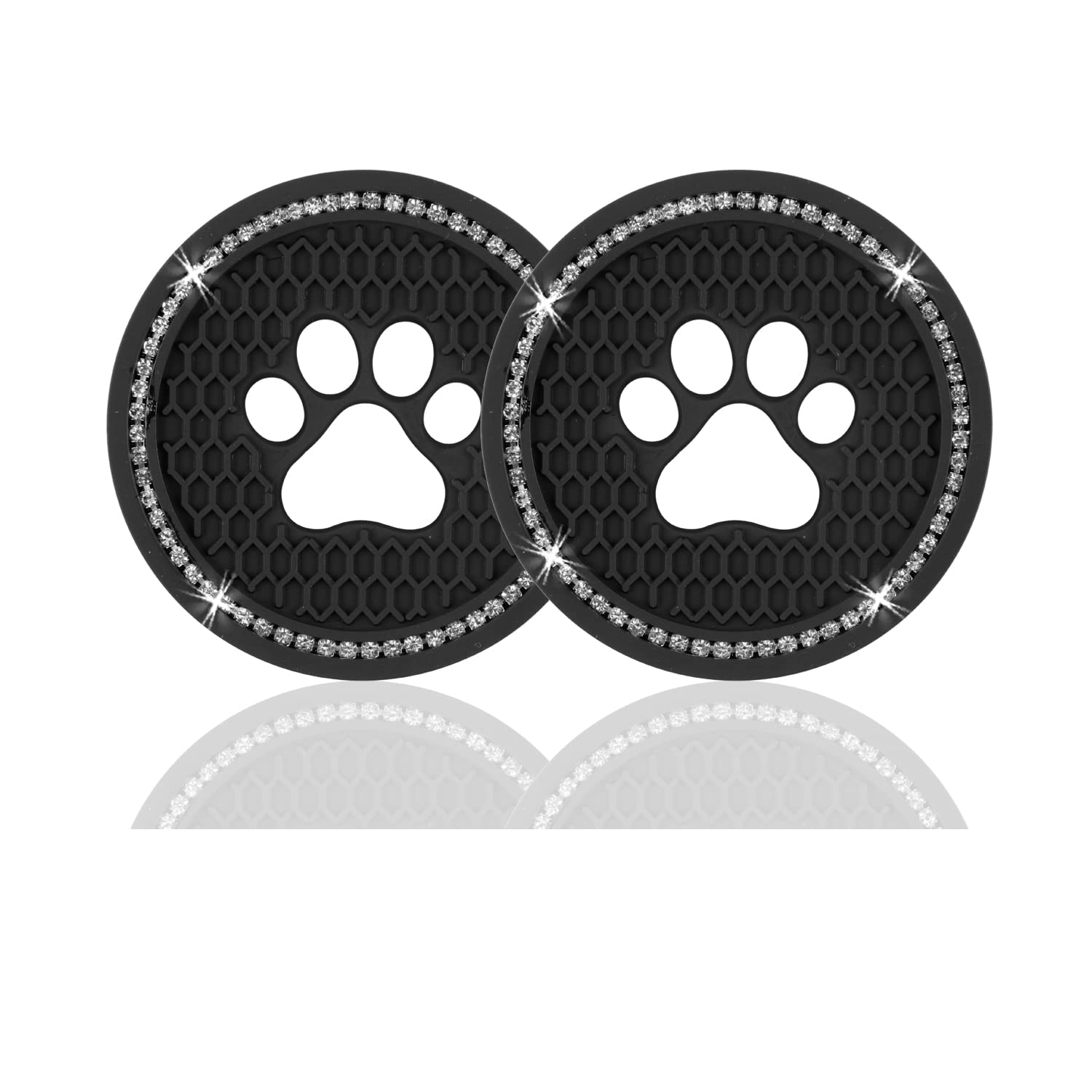 JUSTTOP 2PCS Bling Crystal Paw Car Cup Holder Coasters - Universal Anti-Slip Cup Holder Inserts with Rhinestones for Cars, SUVs, Trucks | Elegant Black Interior Accessories for Coffee, Drinks & Beverages