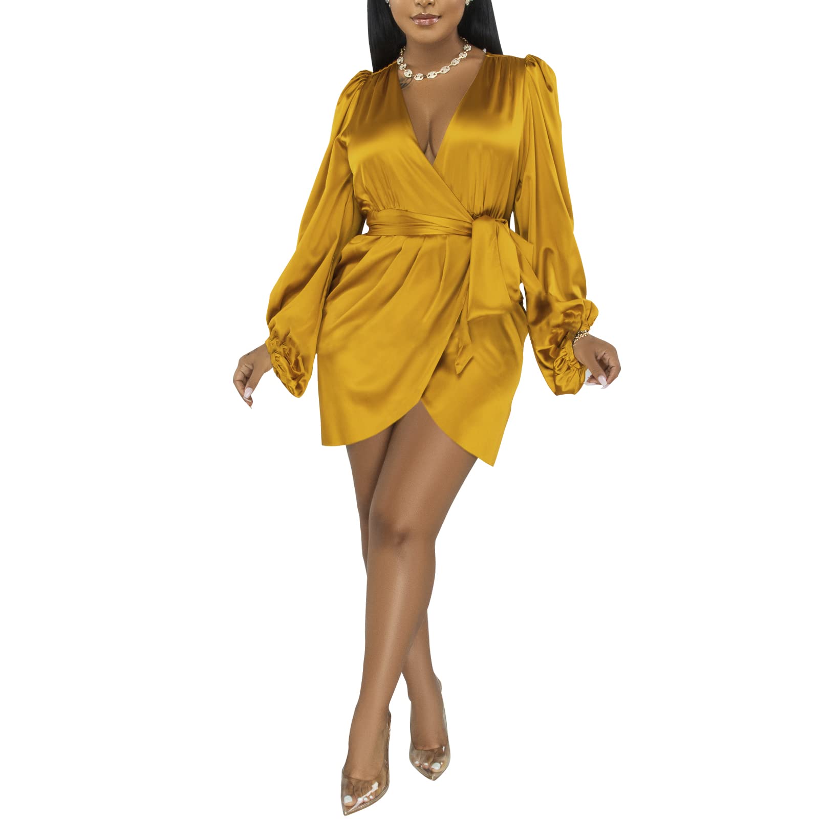 MagOrange Women's Sexy V-Neck Long Sleeve Satin Mini Dress with Wrap Tie Waist - Elegant Club Outfit for Nightlife, Date Night & Special Occasions