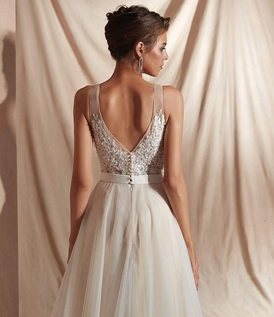 Elegant Women's V-Neck A-Line Lace Tulle Beach Wedding Dress for Bride | Romantic Long Sleeve Bridal Gown | Perfect for Beach, Destination, and Outdoor Summer Weddings