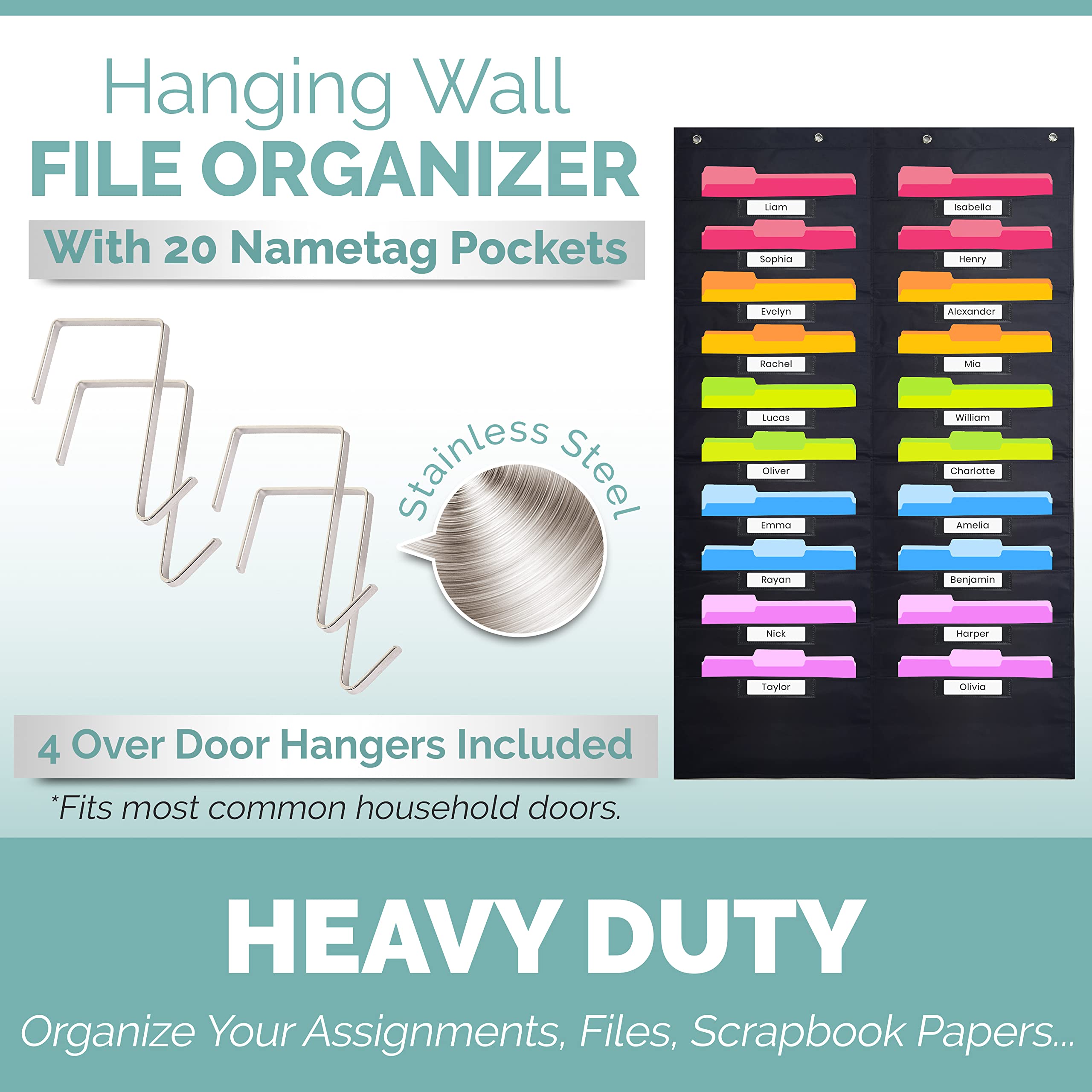 Heavy Duty 20-Pocket Storage Organizer with 4 Over-Door Hangers - Hanging Wall File Folder Chart for Classroom, School Mailbox & Home Office Papers - Black - Perfect for Teachers, Students & Remote Work Organization