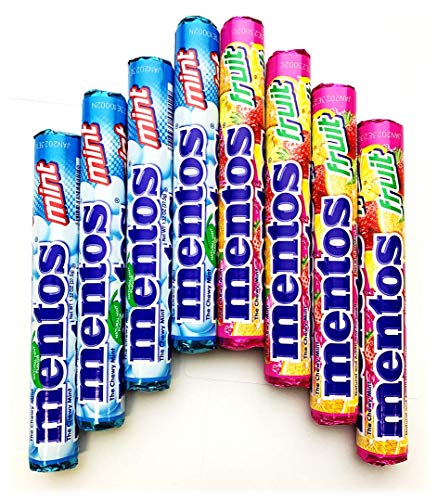 Mentos Chewing Gum Pack of 8 Rolls (4 Mint & 4 Fruit Flavors) - Fresh Breath for Work, School & Travel