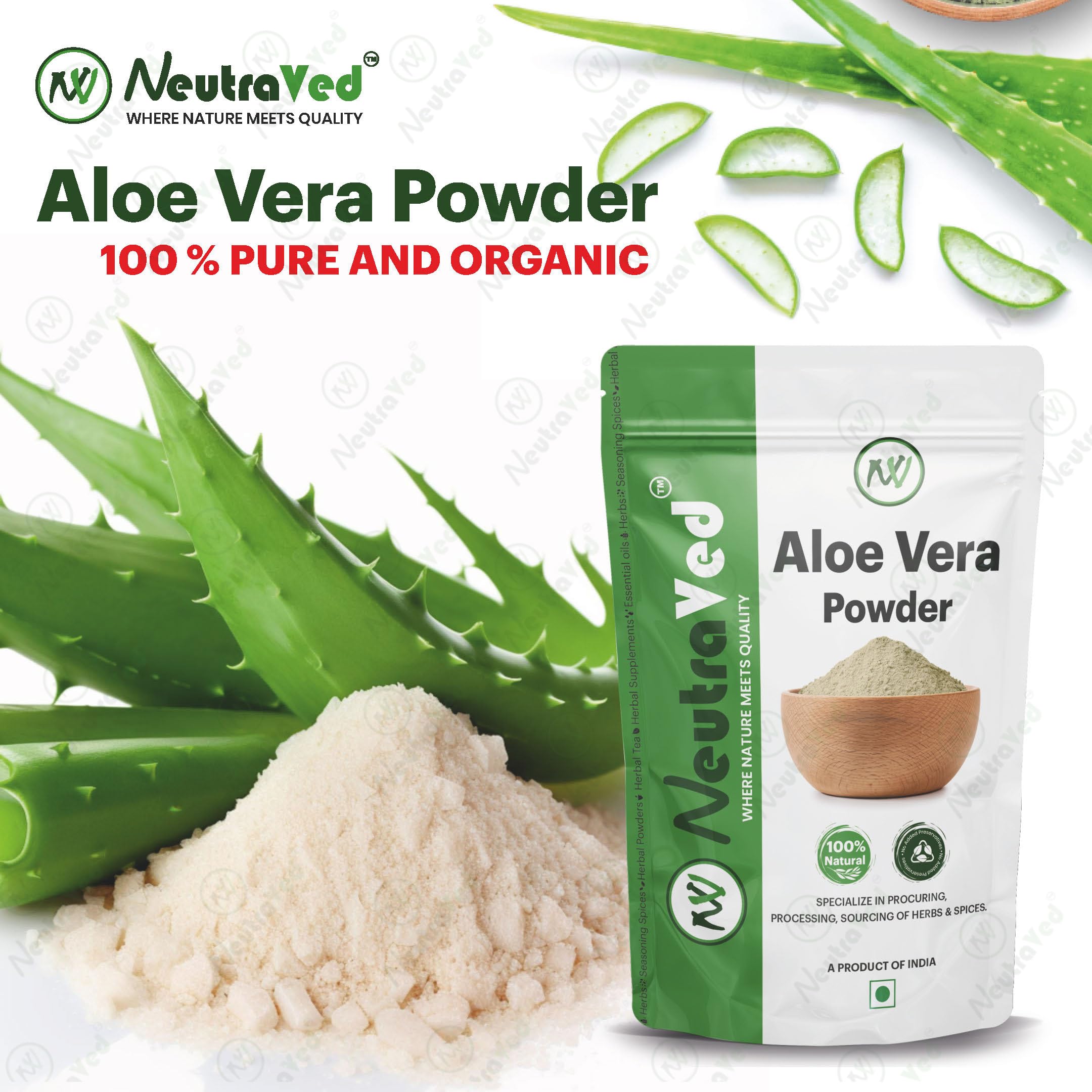 NeutraVed Organic Aloe Vera Powder 100g - 100% Pure Natural for Hair Growth, Face Care & Skin Hydration | DIY Beauty Recipes, Smoothies & Sunburn Relief