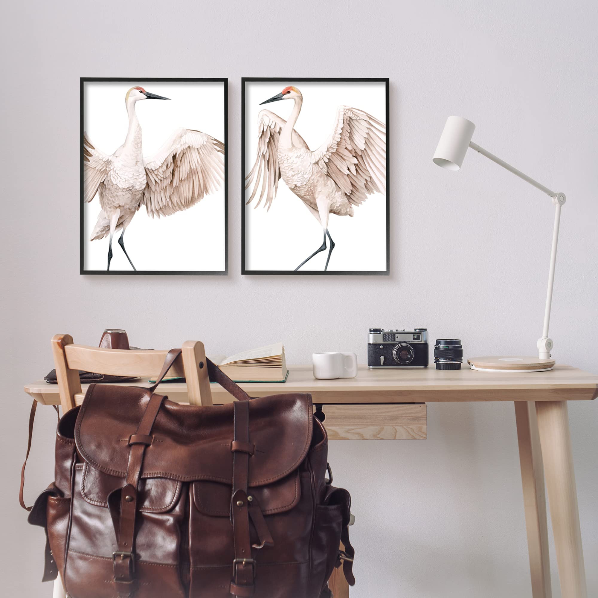Graceful White Crane Birds Standing with Open Wings Illustration - Elegant Wall Art for Home, Office & Nursery Decor