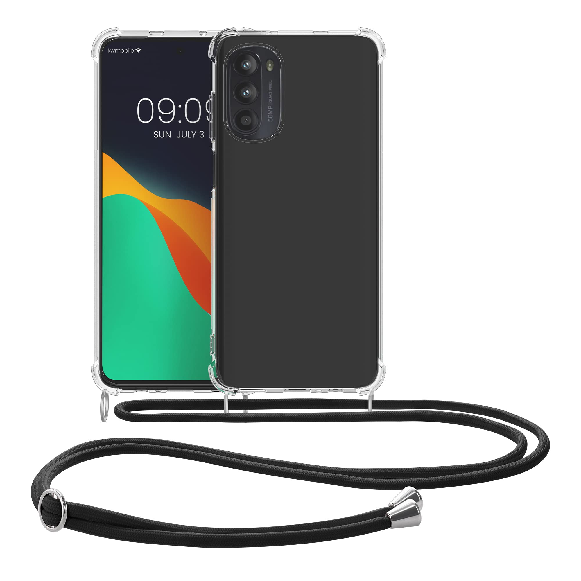 kwmobile Clear TPU Crossbody Phone Case Compatible with Motorola Moto G52 & Moto G82 5G - Shockproof Protective Cover with Lanyard Strap (Transparent/Black) - Perfect for Travel, Shopping & Outdoor Activities