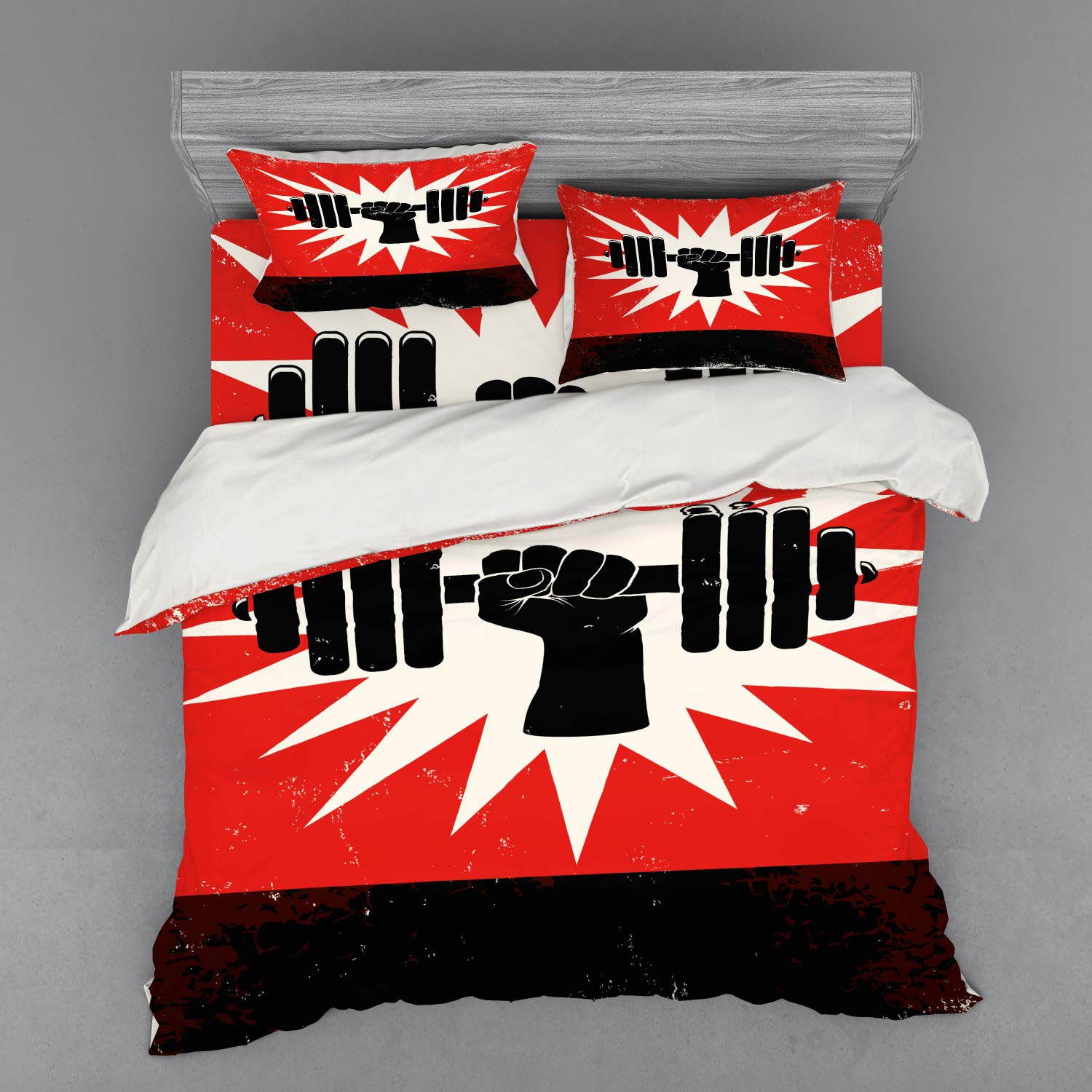 Ambesonne Fitness Bedding Set - Vintage Dumbbell Workout Design 4-Piece Duvet Cover with Shams & Fitted Sheet, King Size in Vermilion Black Cream | Gym Enthusiast Bedroom Decor for Athletes & Bodybuilders