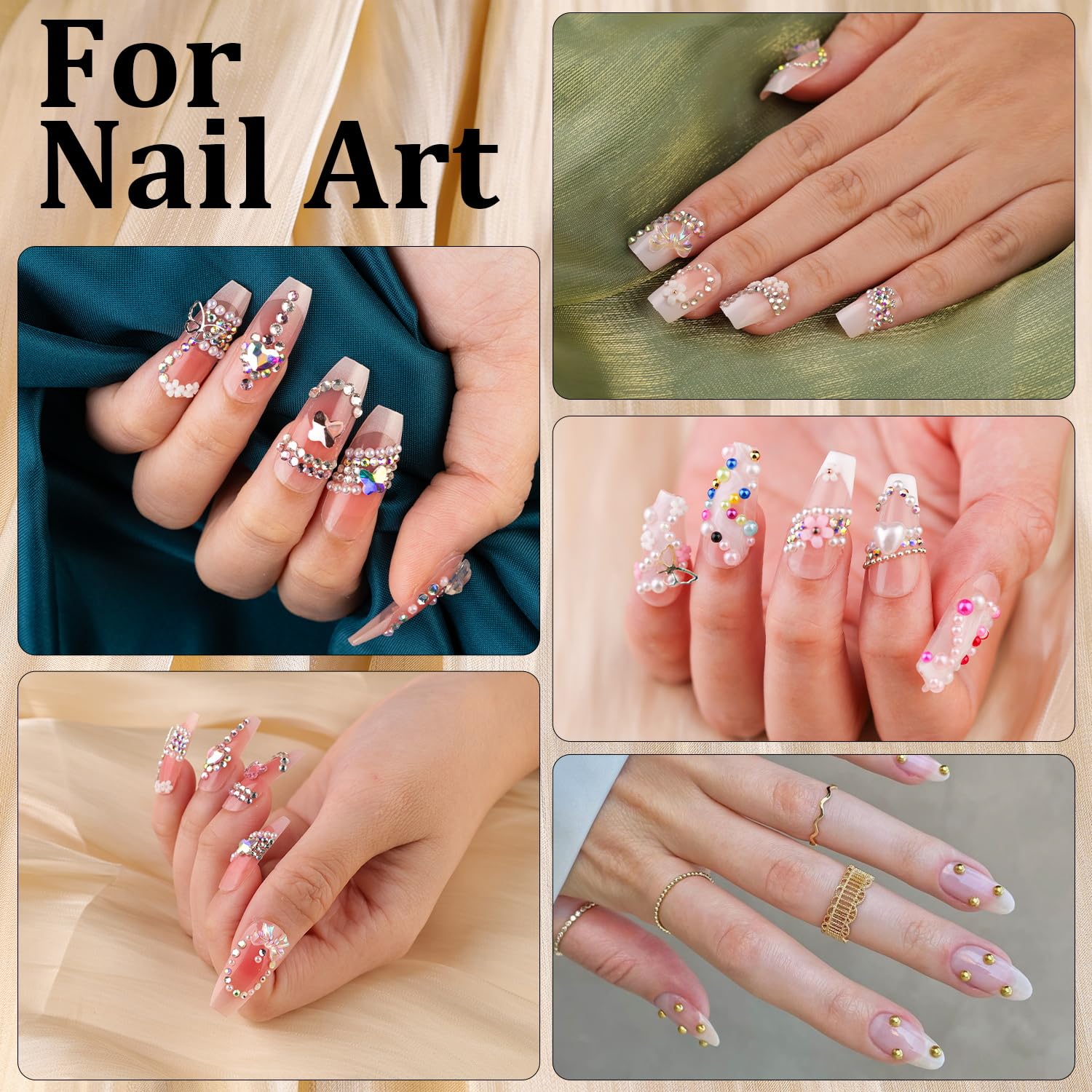 Premium Nail Rhinestones & Pearls Kit - Flatback Glass Crystals, AB & Clear Gemstones with White/Beige Half Round Pearls | Professional Manicure Set Includes Nail Rhinestone Glue Gel & Tools (UV/LED Required) | Perfect for Nail Art, Salon Designs & DIY Home Manicures