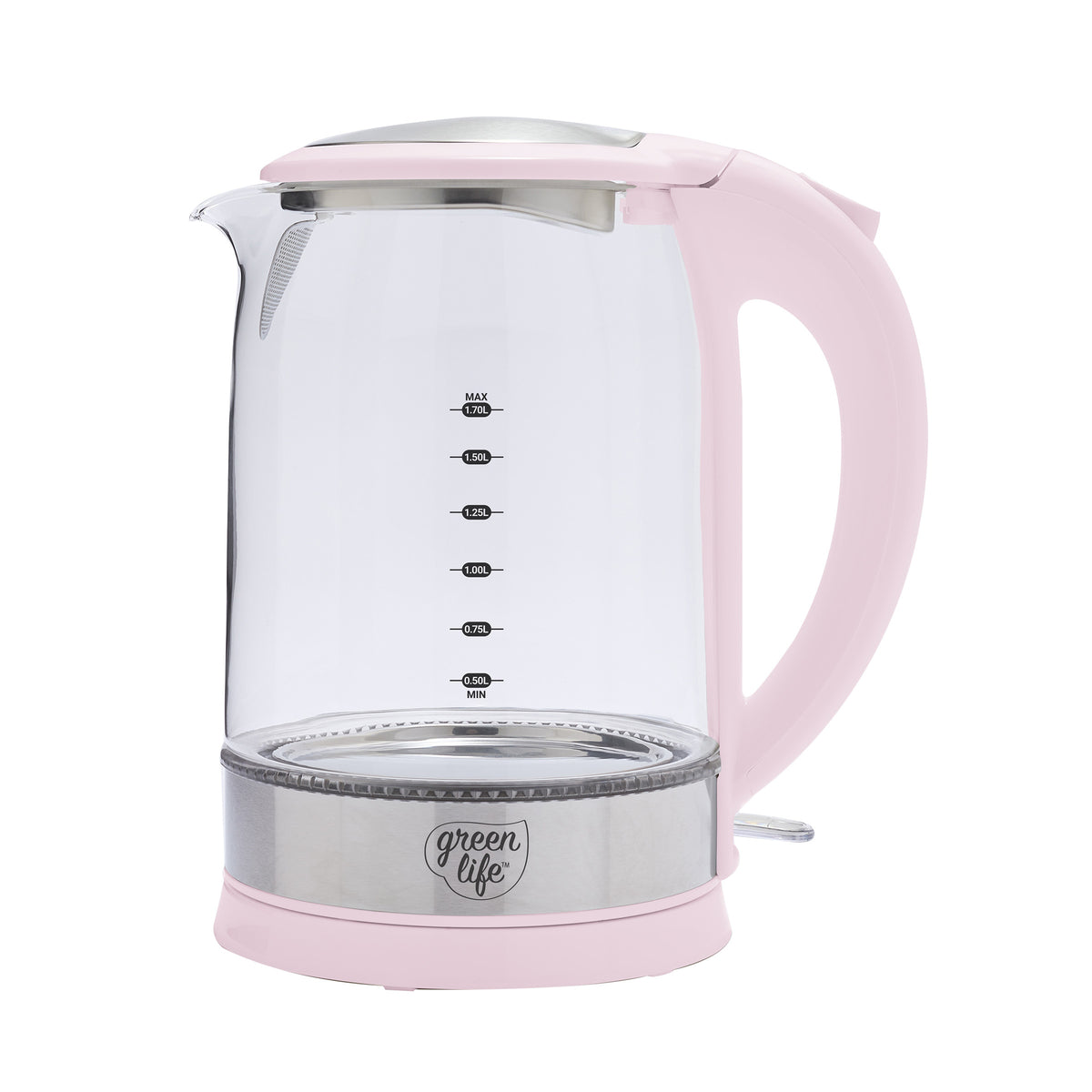 GreenLife Qwik & EZ Glass Kettle - 1.7L BPA-Free Electric Tea Kettle with Auto Shut-Off & Boil-Dry Protection - Fast Heating Stainless Steel Base - Perfect for Tea, Coffee & Hot Water in Home or Office (Pink)