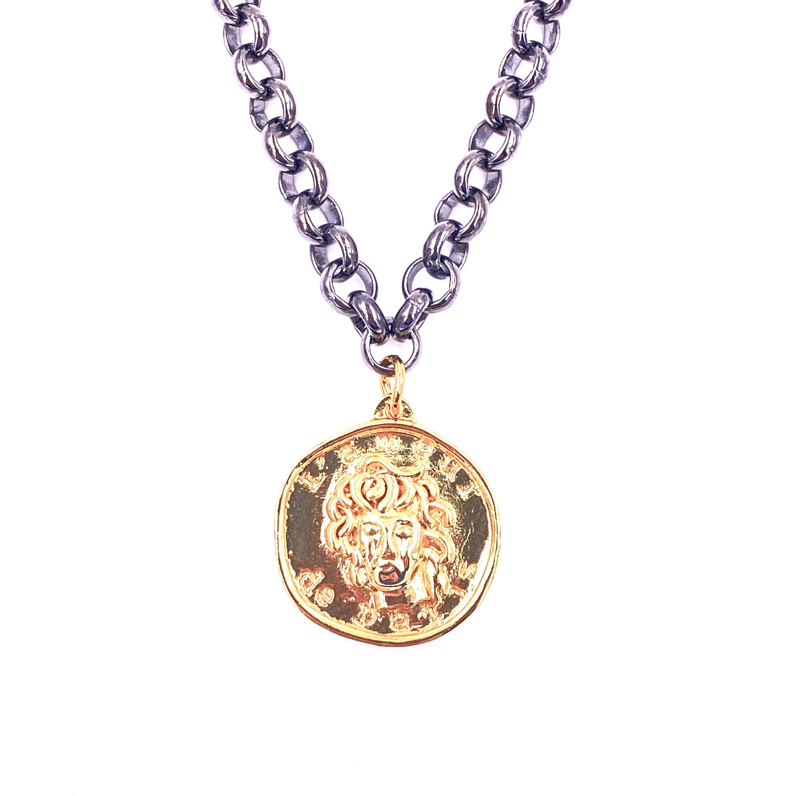 Ashley Gold Stainless Steel Gold Plated Large Pendant Necklace with Oxidized Metal Chain - Elegant Jewelry for Women, Perfect for Parties, Weddings & Special Occasions