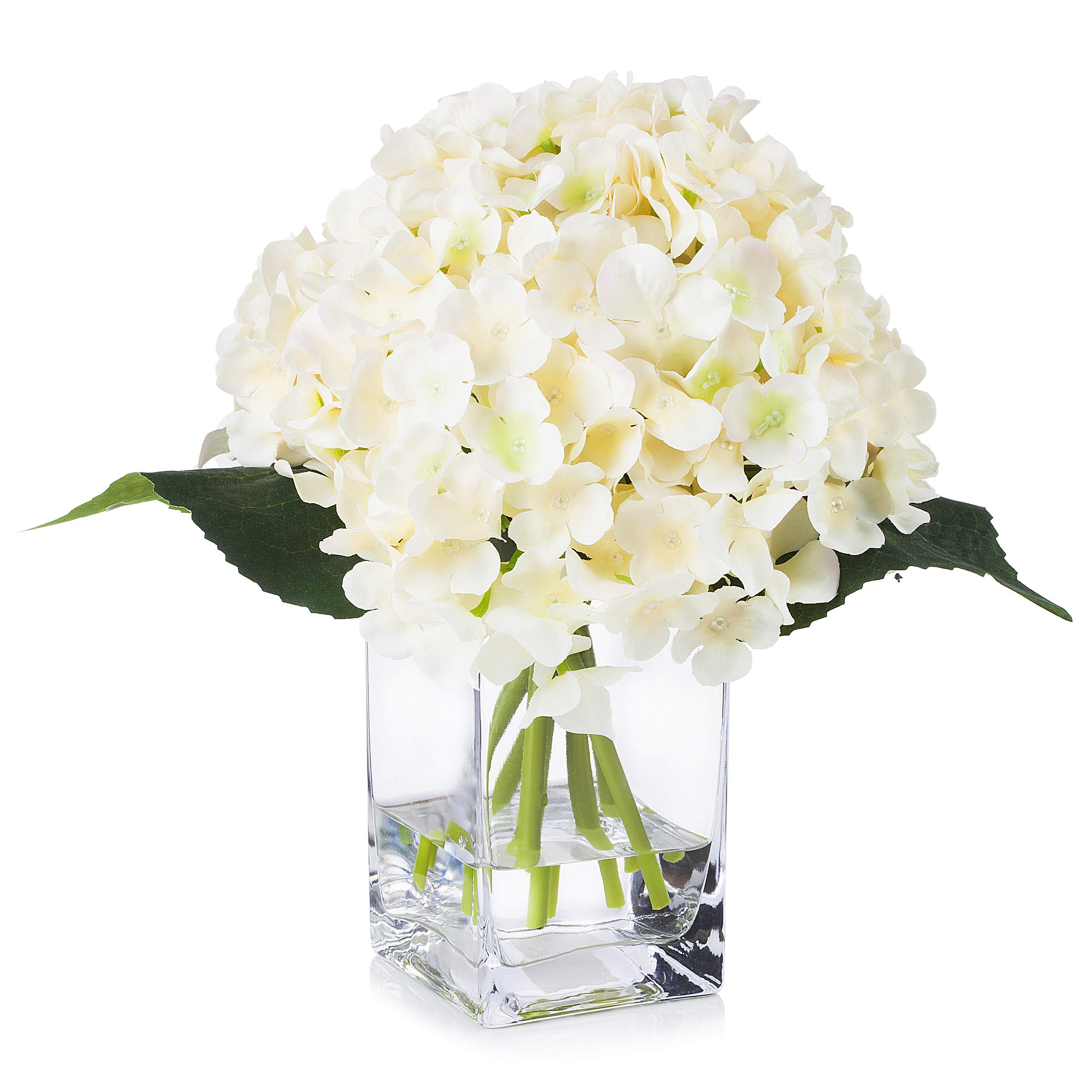 ENOVA HOME Artificial Hydrangea Silk Flowers in Glass Cube Vase - Peach Floral Arrangement for Home Decor, Wedding Centerpieces, Table Decorations & Office Decoration