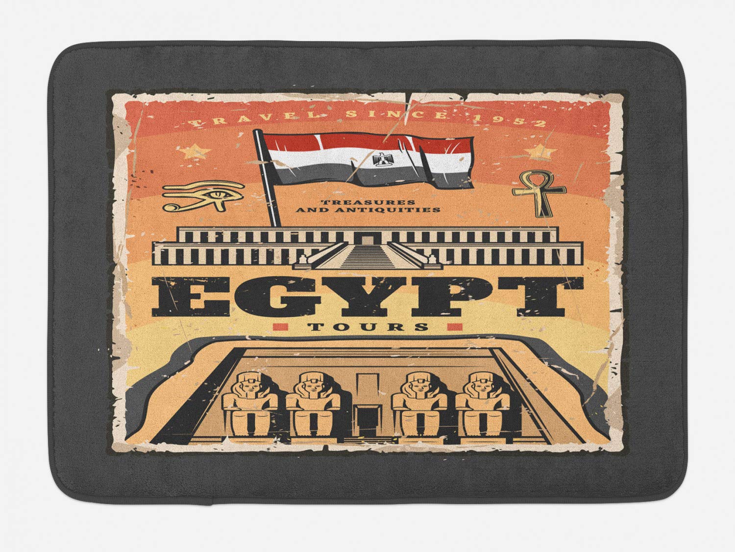 Ambesonne Vintage Egyptian Print Bath Mat - Non-Slip Plush Bathroom Rug with Pharaoh Eye & Flag Design, 30.2 x 20 Inches, Grey & Multicolor - Perfect for World Travel Theme Decor, Guest Bathrooms & Luxury Spa Style Homes