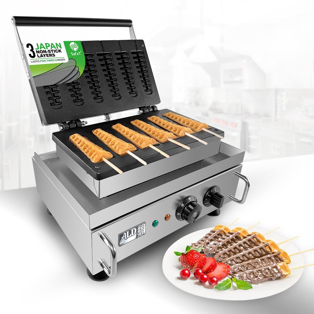 ALDKitchen Commercial Waffle Stick Maker - 110V Nonstick Stainless Steel Waffle Iron for 6 Mini Waffles - Perfect for Breakfast, Snacks, Cafes & Food Trucks