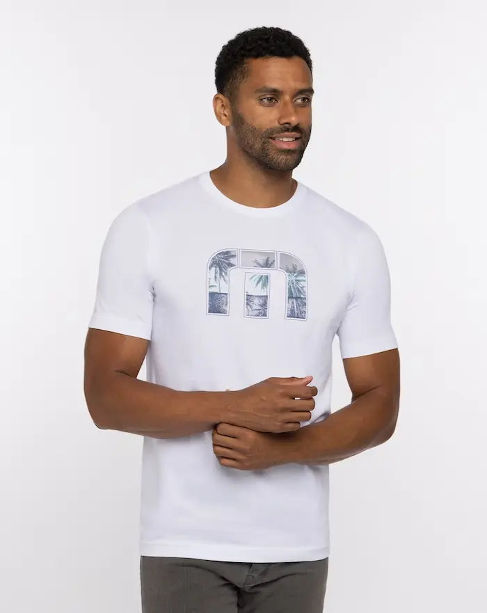 TravisMathew Men's Reef Life Graphic T-Shirt - White - Soft Cotton Short Sleeve Casual Tee for Beach, Vacation & Summer Outfits