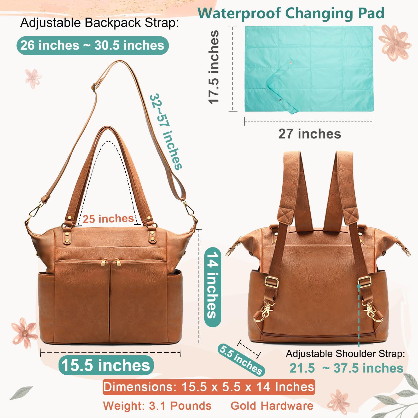 MOMINSIDE Leather Diaper Bag Backpack - Large Waterproof Baby Tote with Insulated Cup Holders & Stroller Organizer for Moms & Dads - Perfect for Travel, Daycare & Family Outings (Brown)