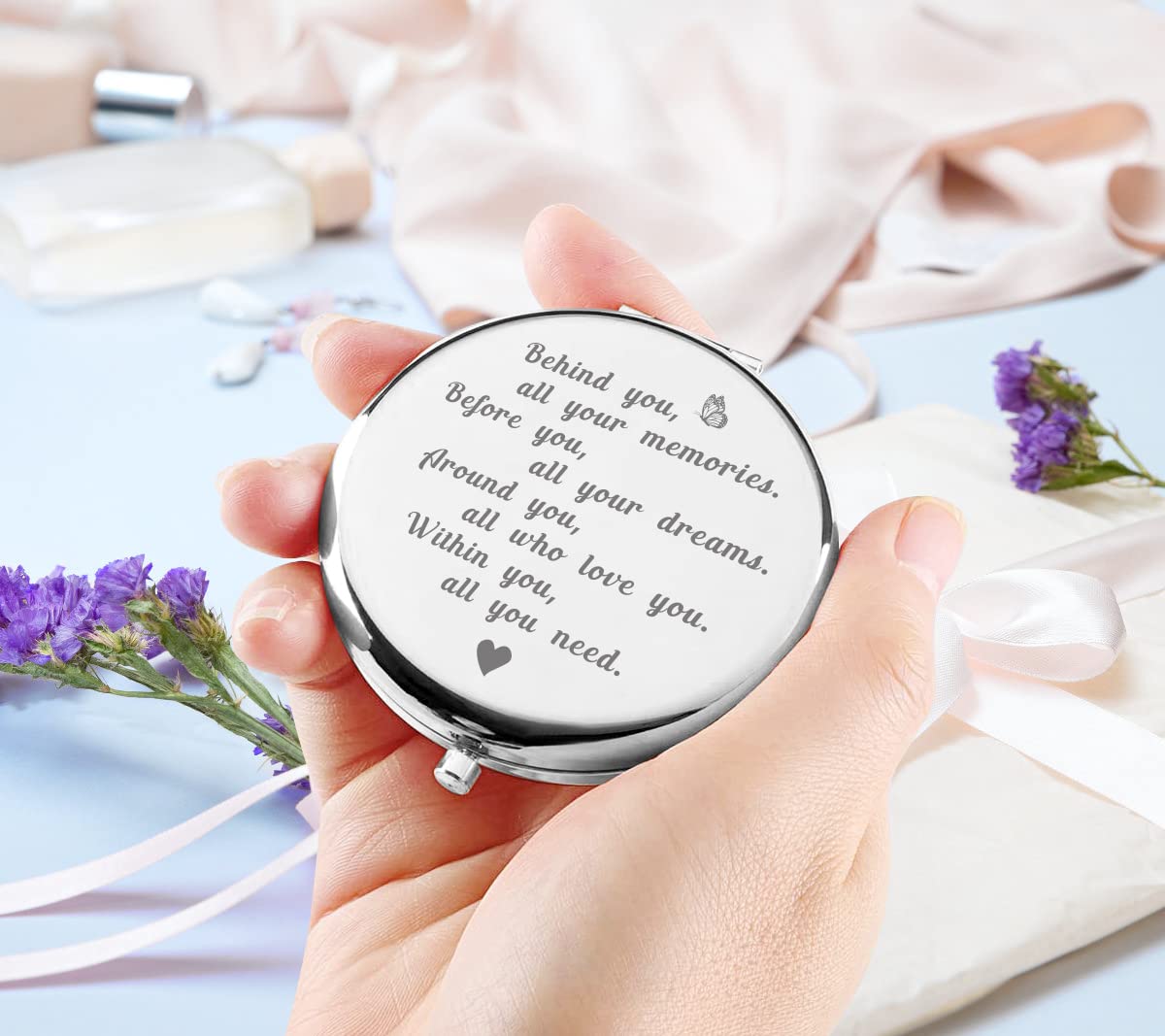 KUKEYIEE Silver Engraved Travel Makeup Mirror - Compact Pocket Cosmetic Mirror with Personalized Message - Perfect Gift for Women, Sisters & Friends - Ideal for Travel, Home Vanity & Special Occasions