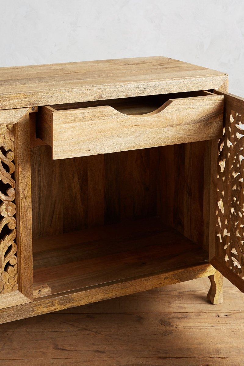 Handmade Natural Wooden Buffet Table - Hand Carved Lombok Style Storage Unit for Dining Room & Living Room | Rustic Home Decor Furniture