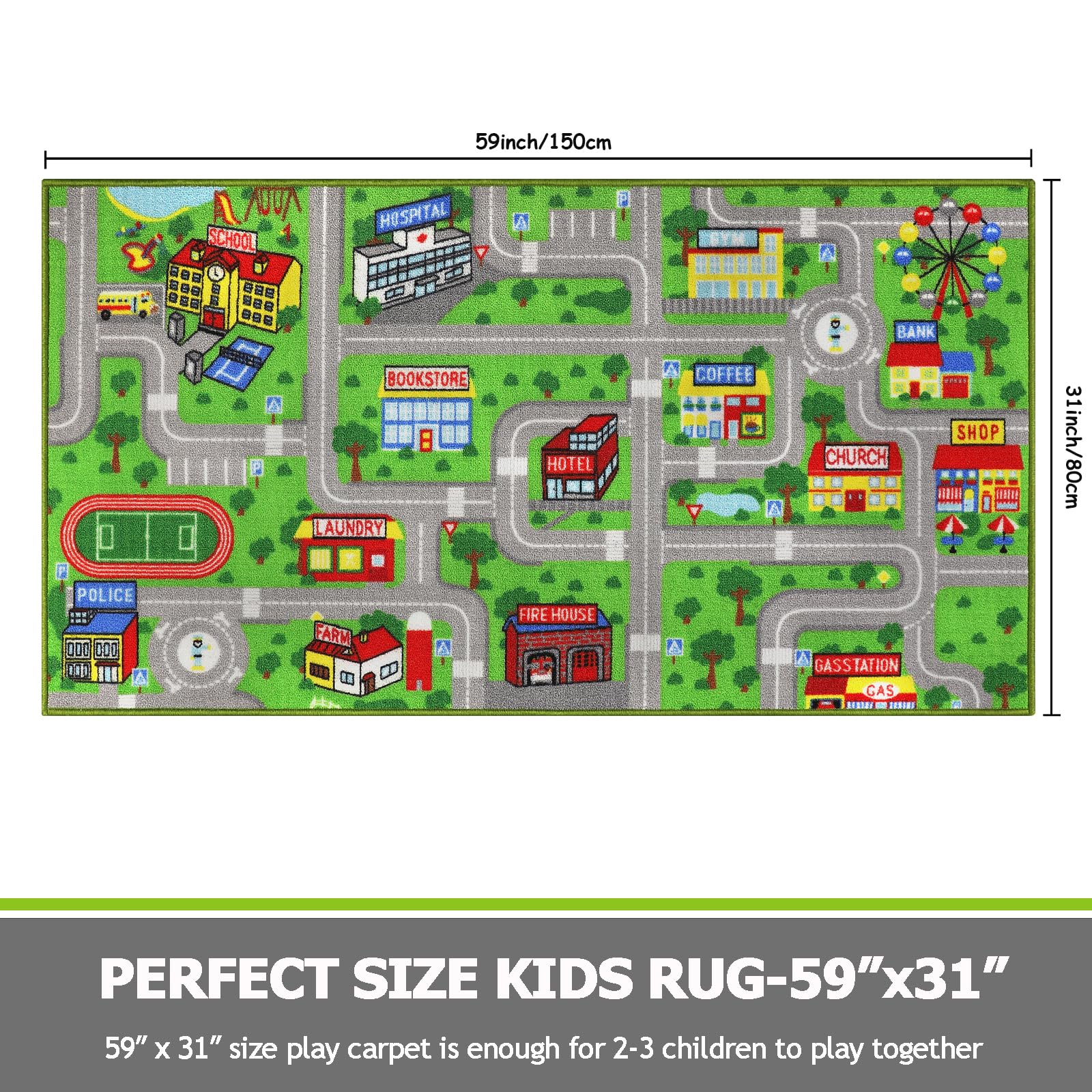Non-Slip Washable Kids Play Mat - 5'x2.7' Green City Map Road Carpet for Toddler Playroom, Nursery & Bedroom Decor | Perfect for Toy Car Racing, Learning Traffic Rules & Safe Floor Play