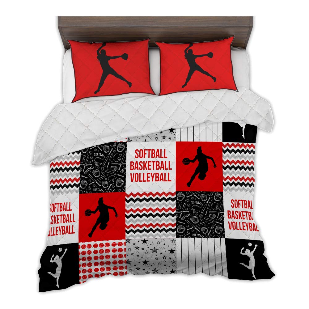 ZBIGTEE Softball Basketball Volleyball Pattern Comfy Funny Bed Quilt Set - Queen Size (79